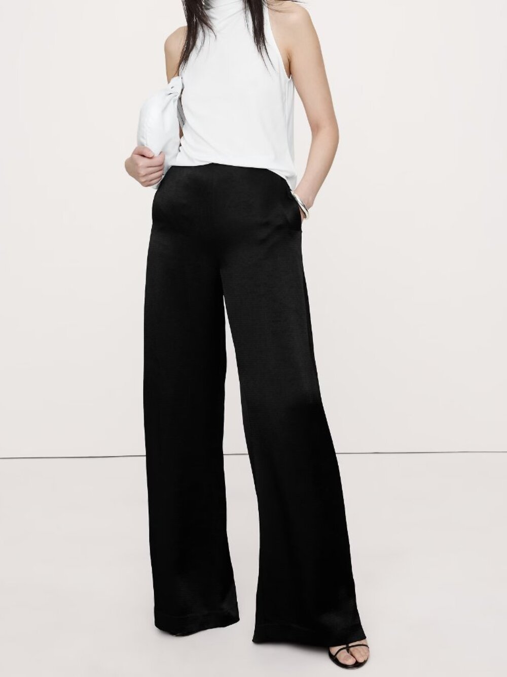 NEW Banana Republic Black Hammered Satin Wide-Leg Palazzo Dress Pants 12L